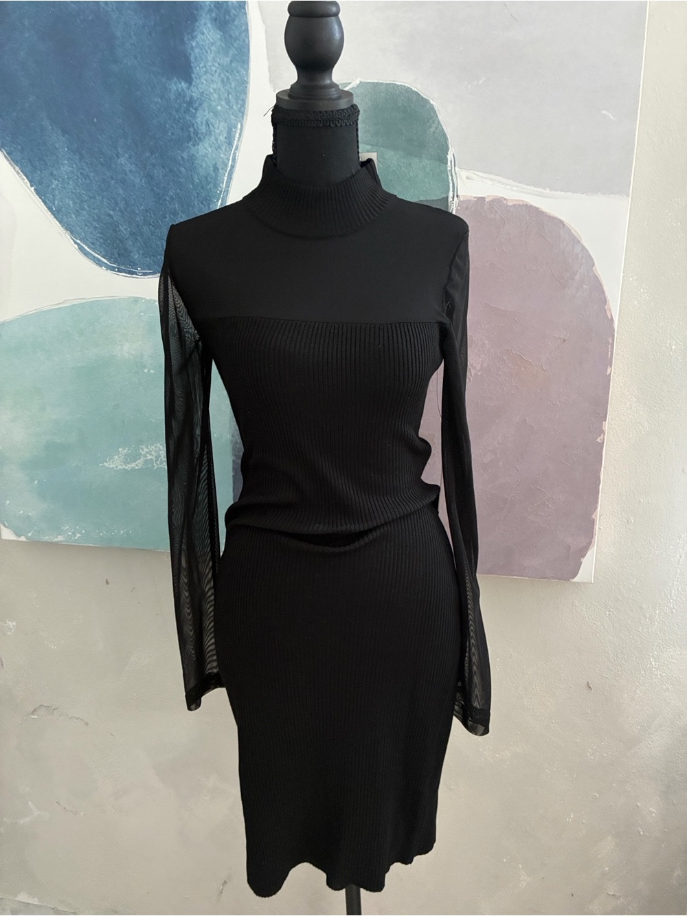 Crave Fame Black Ribbed Mock-Neck Dress with Sheer Long Sleeves